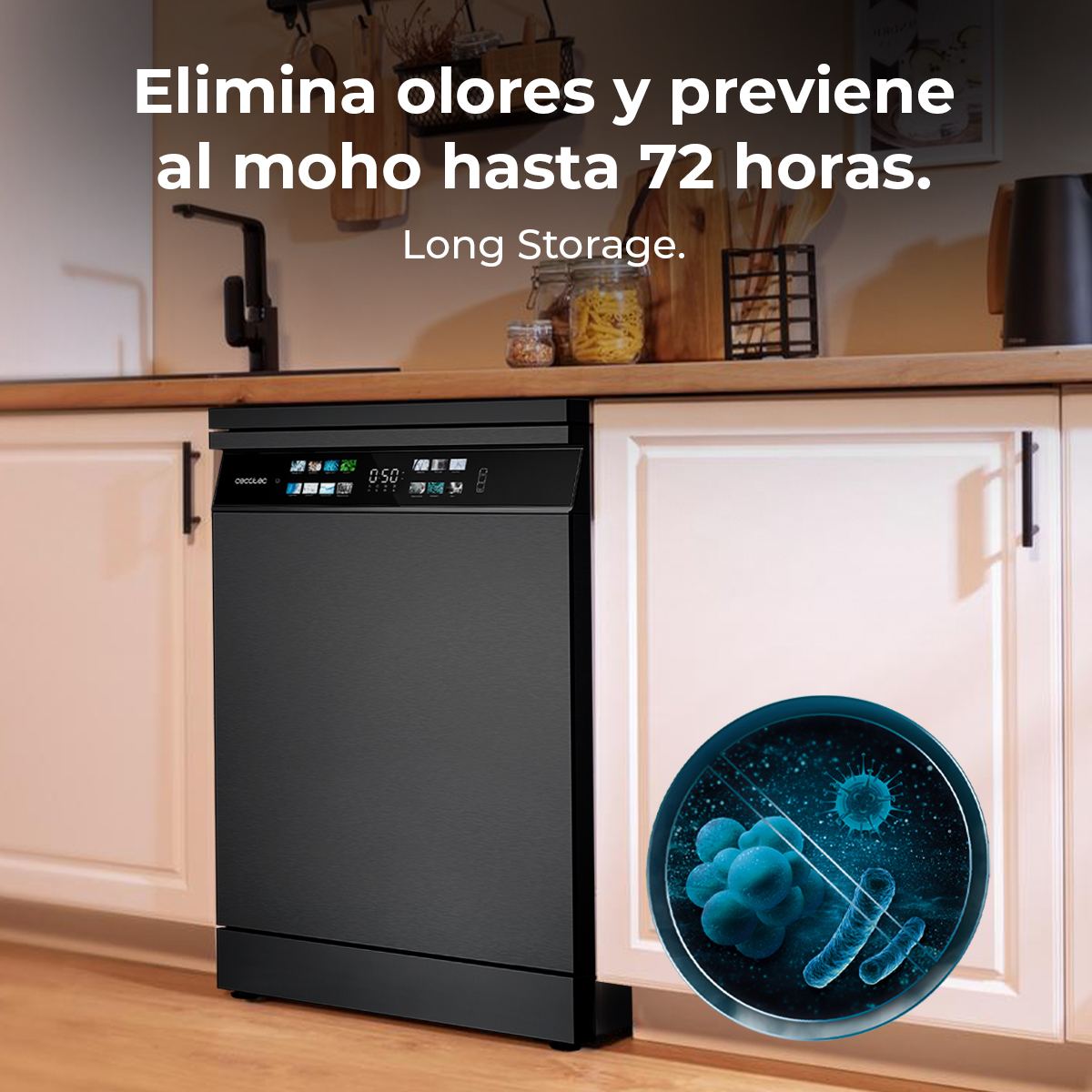 Lavavajillas en un entorno de cocina. Con texto sobre eliminar olores y prevenir moho.