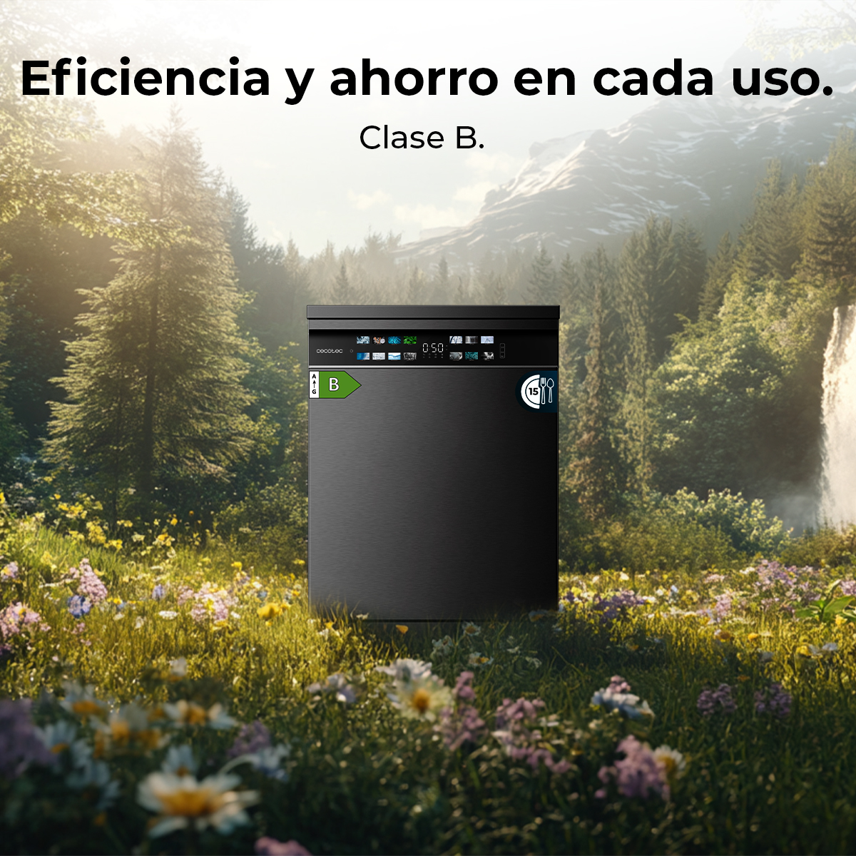 Lavavajillas negro en un campo de flores con montañas al fondo.