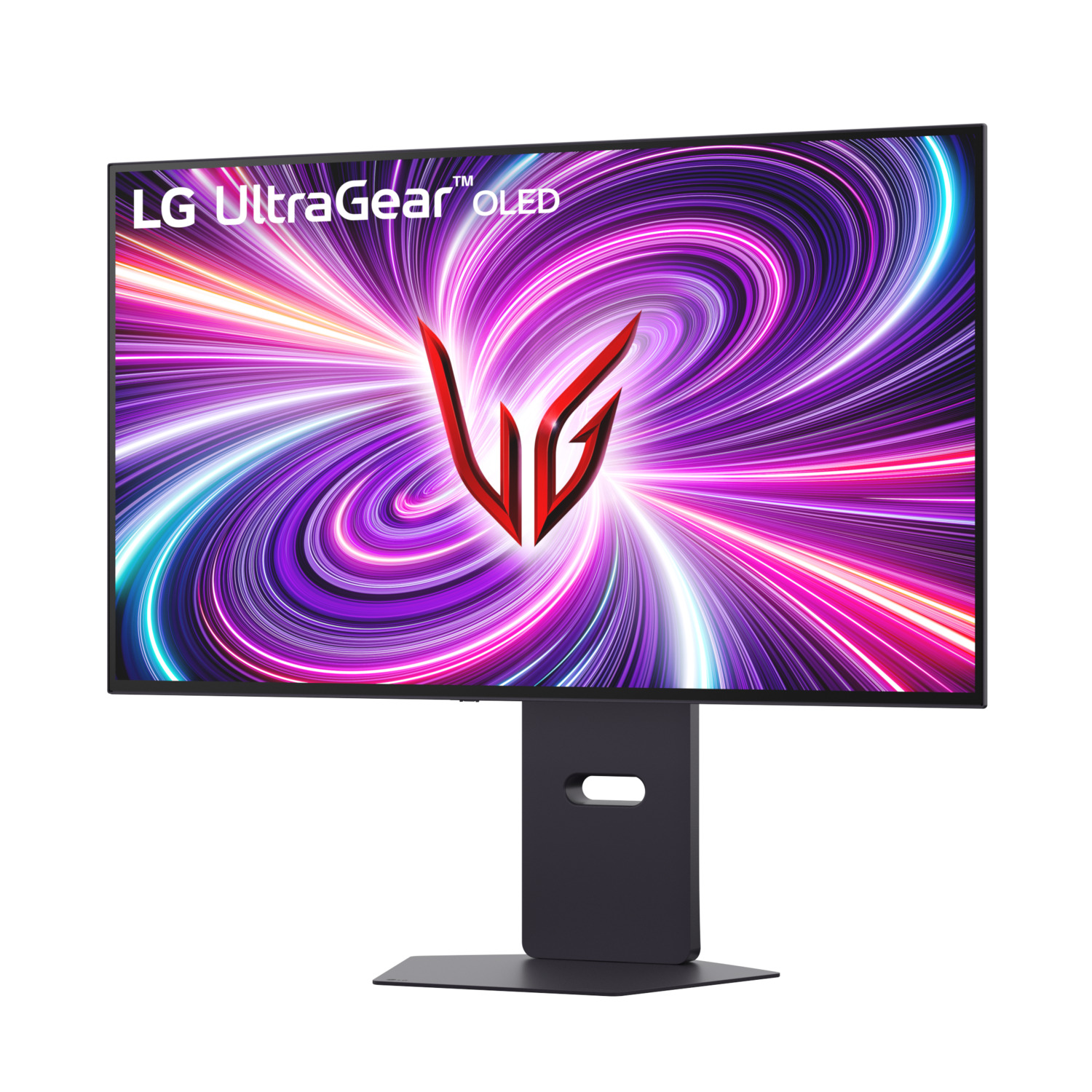 Een LG UltraGear OLED-monitor met een kleurrijk, wervelend achtergrondontwerp, op een donkere standaard.