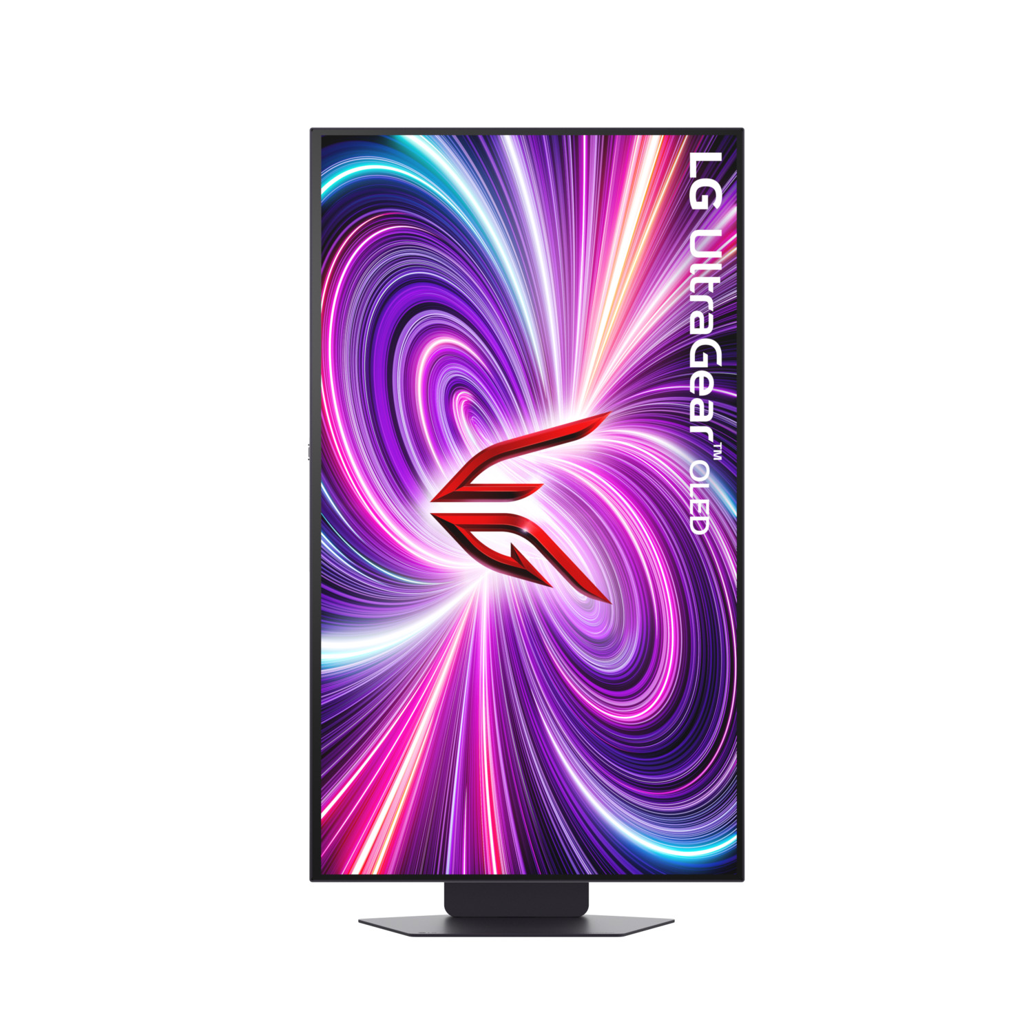 Een verticale LG UltraGear OLED-monitor met kleurrijke, abstracte graphics.