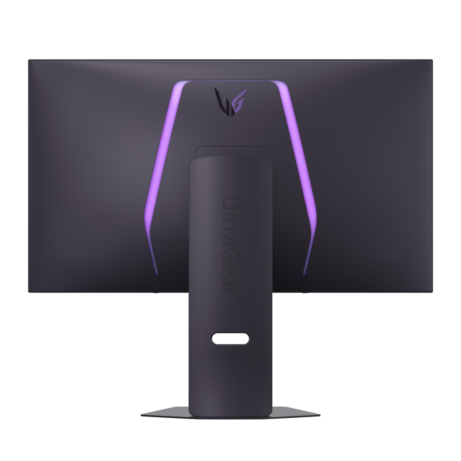 Achterkant van een zwarte monitor met paarse verlichting en een standaard.