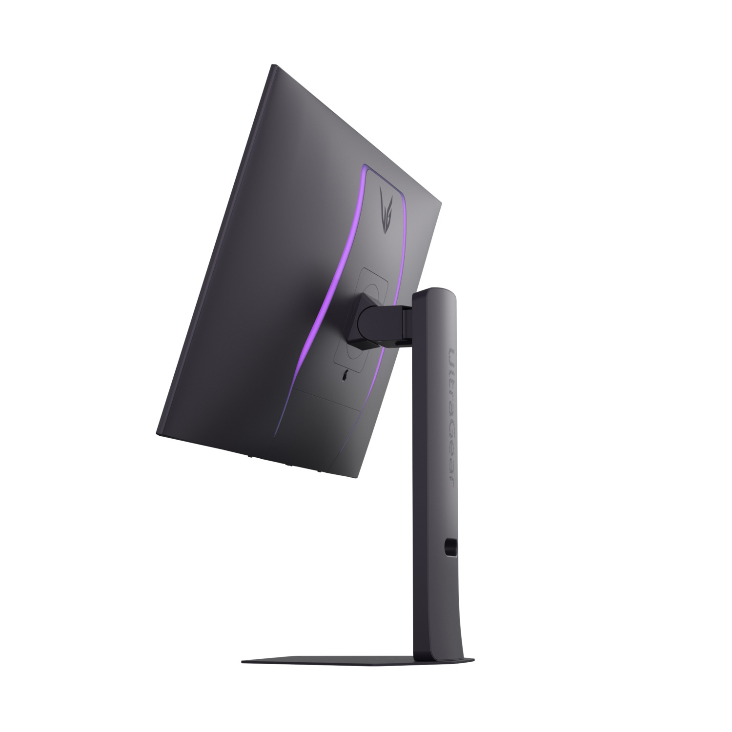 Monitor van achteren, met een donker ontwerp en het woord 'Ultraggear' op de standaard.