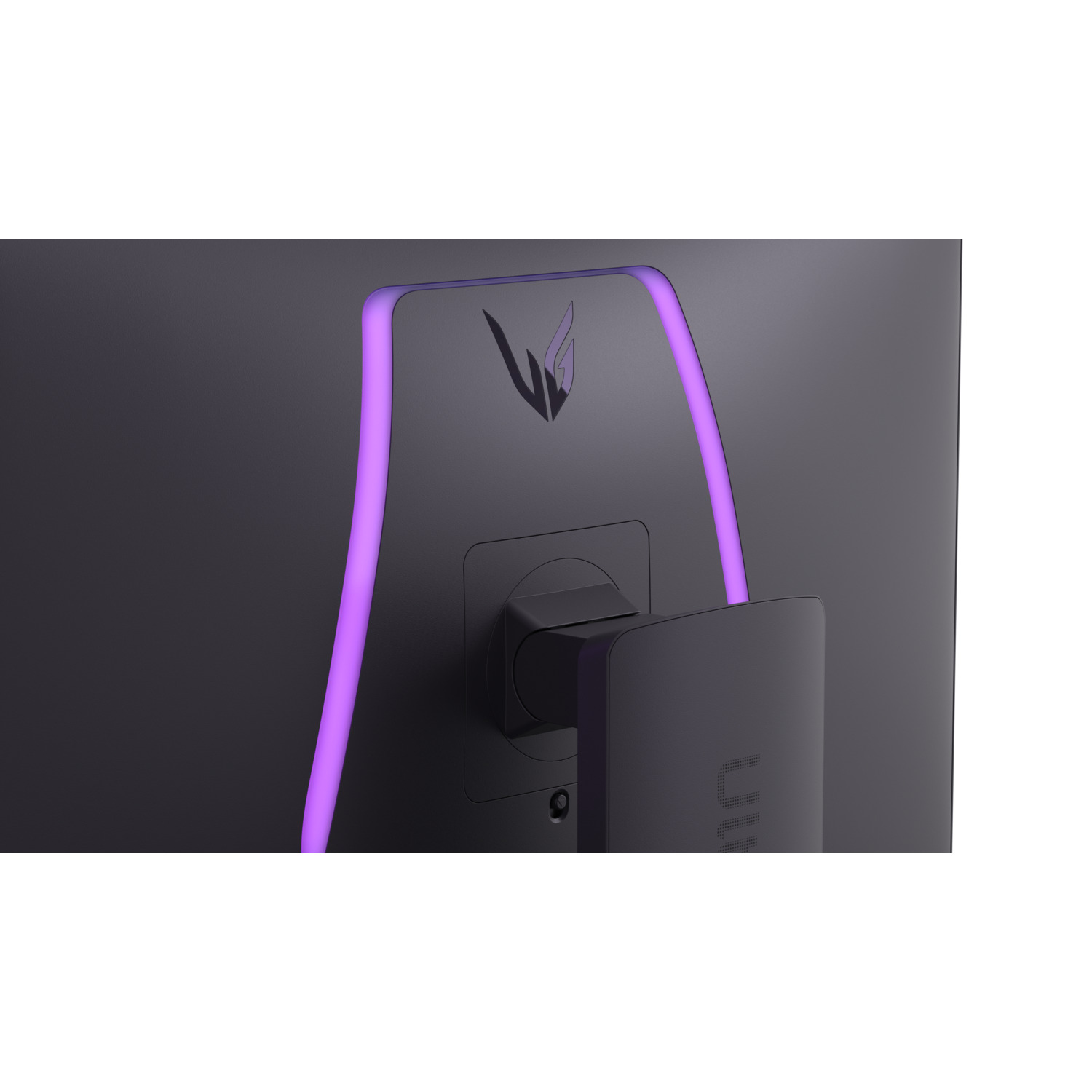 Achterkant van een zwarte monitor met paarse lichtaccenten en een logo.