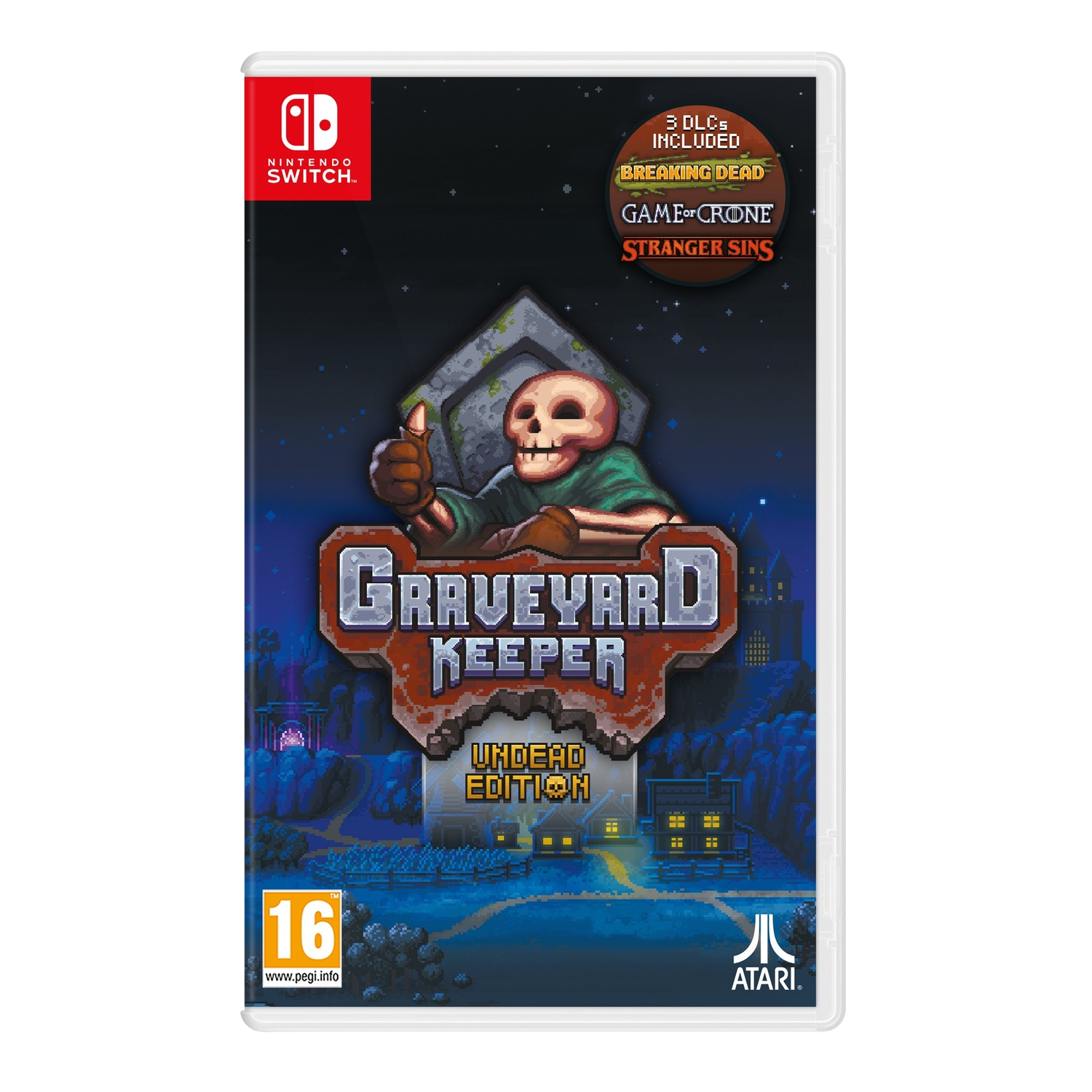Graveyard Keeper gamebox. Schedelfiguur die duim omhoog geeft. Speltitel in grafsteen vorm.