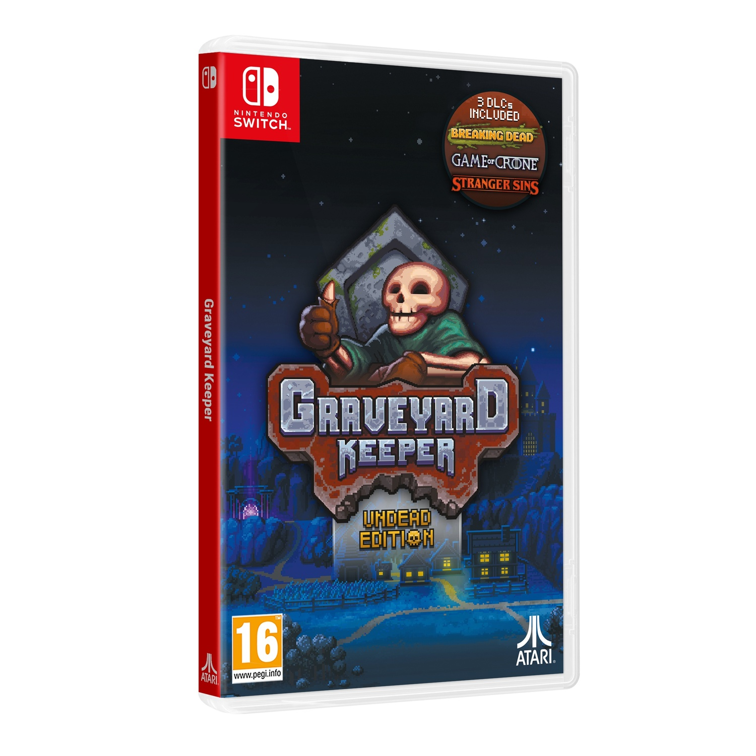 Graveyard Keeper gamebox voor Nintendo Switch. De voorkant heeft een skelet en pixelontwerp.