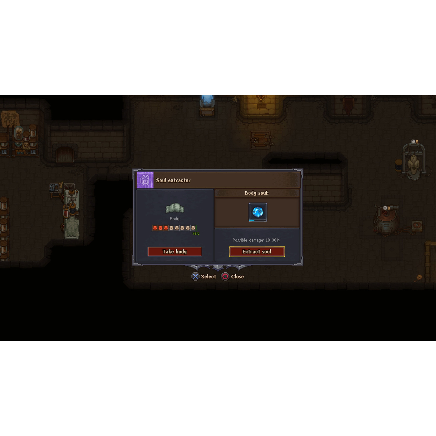 Een game scherm met een Soul Extractor interface en een lichaam met gezondheidsbalken.