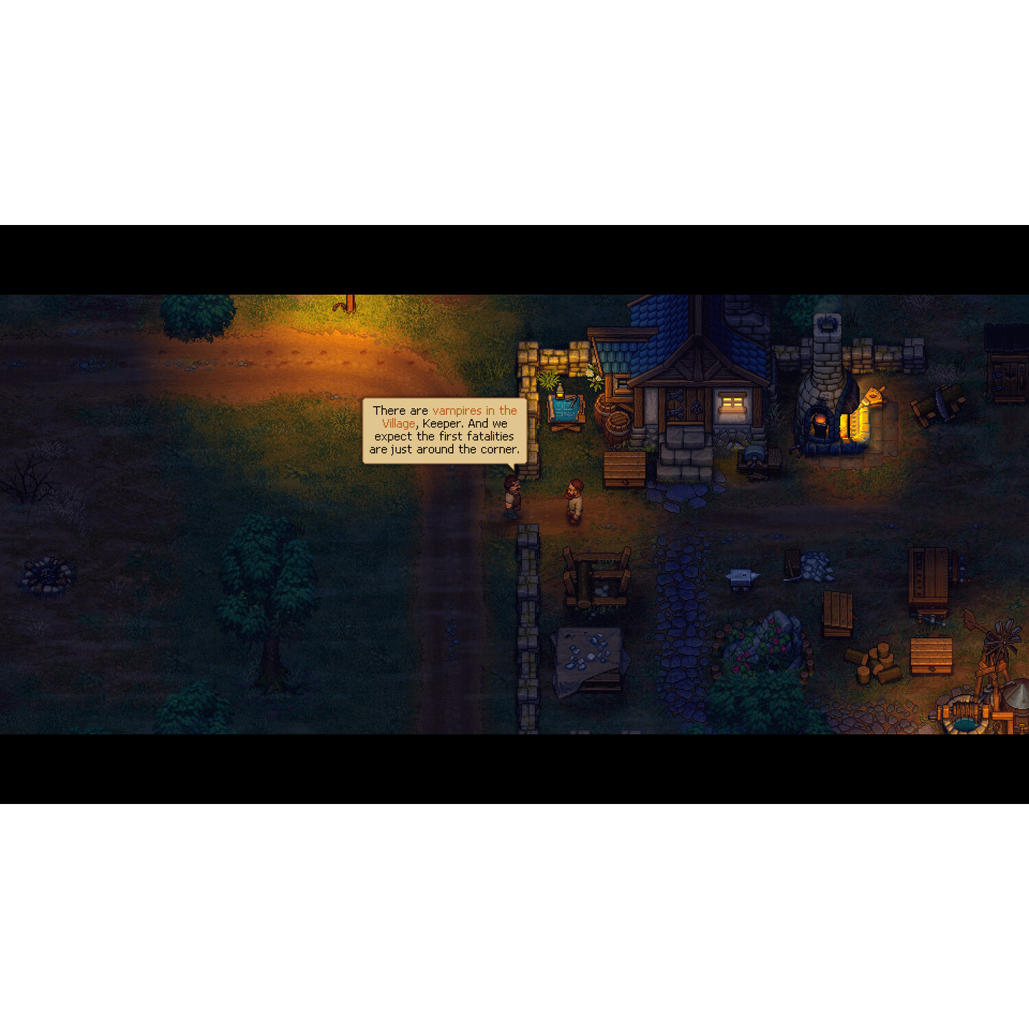 Videogame scène. Twee figuren op een pad. Tekstvak met tekst. Gebouw met licht. Donkere achtergrond.