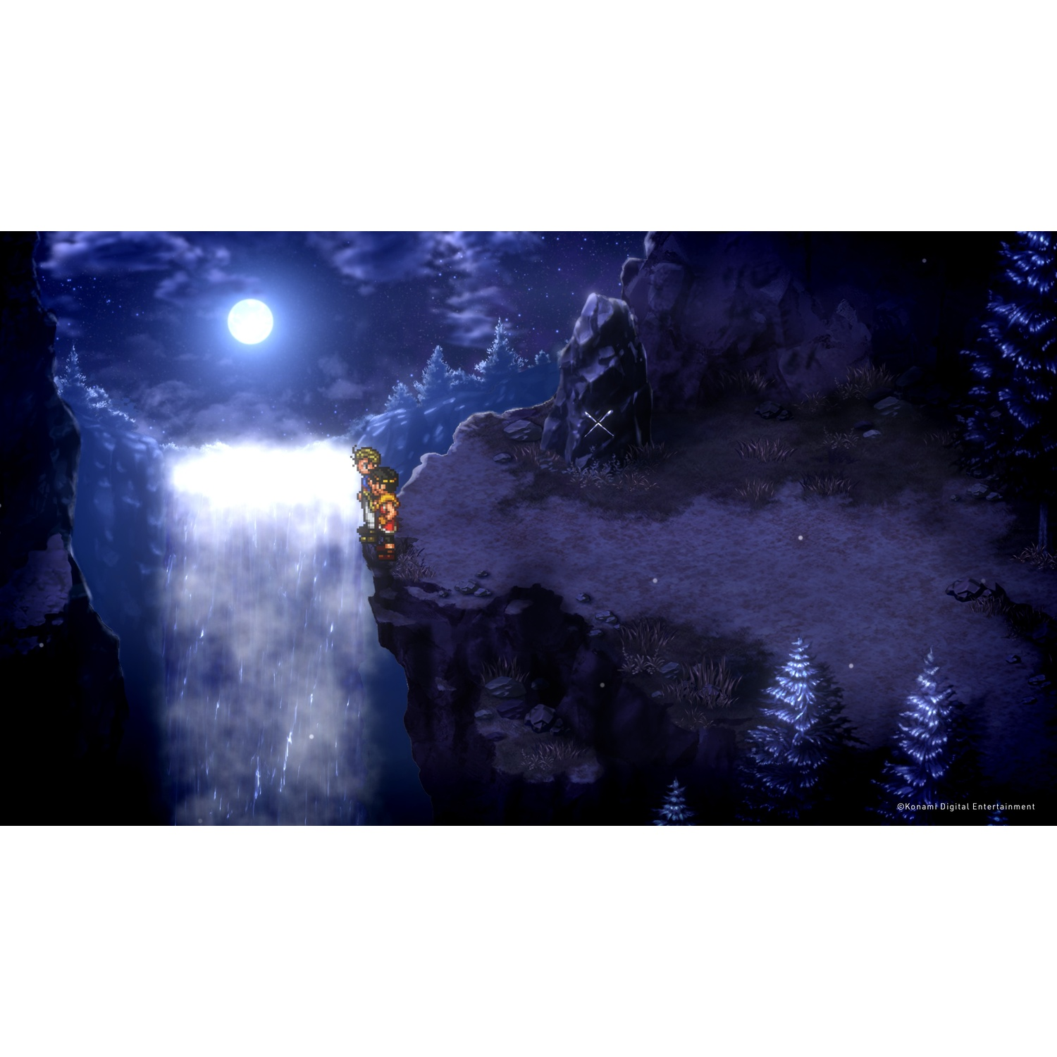Nachtscène van twee figuren op een klif met uitzicht op een waterval. Volle maan en dennenbomen op de achtergrond.