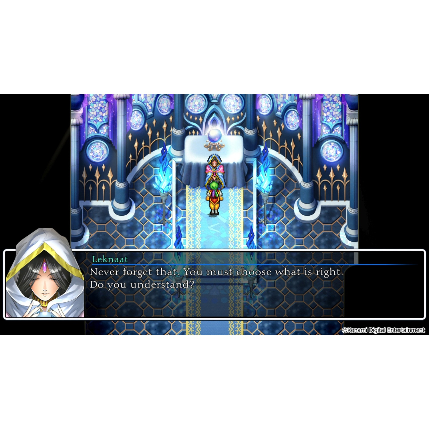 Videogame scène met personages. Tekst: Vergeet dat nooit. Je moet kiezen wat goed is.