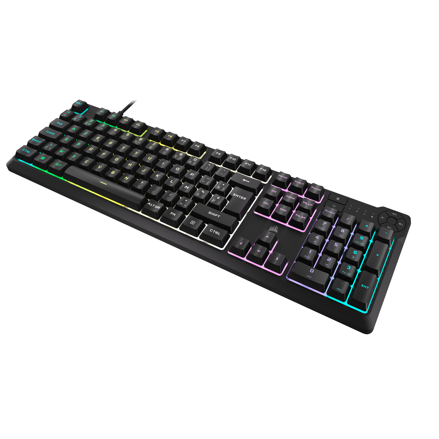 Een zwart gaming toetsenbord met regenboogkleurige toetsen wordt getoond op een witte achtergrond.