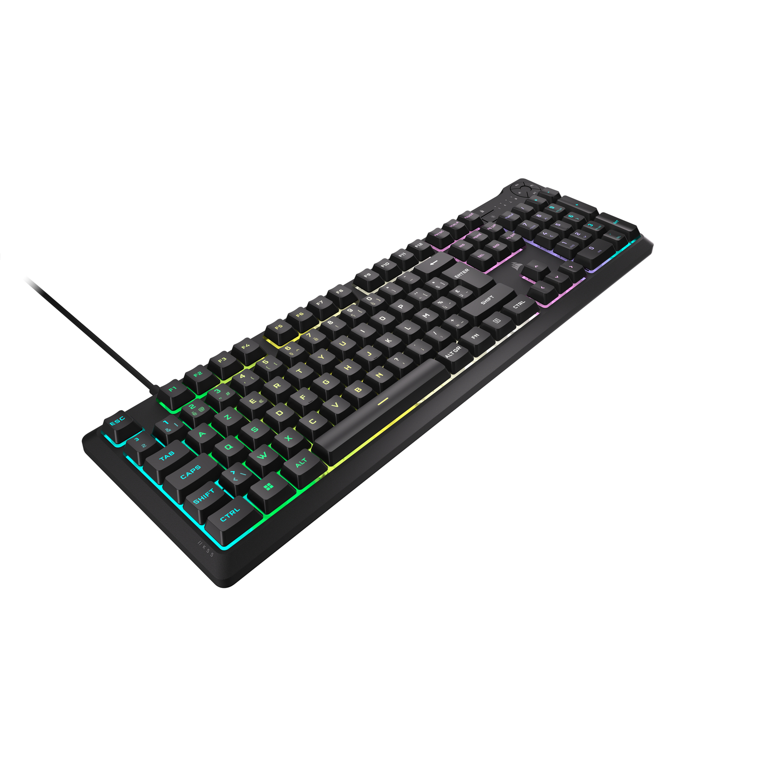Zwart gaming toetsenbord met regenboogkleurige toetsen en een aangesloten kabel.