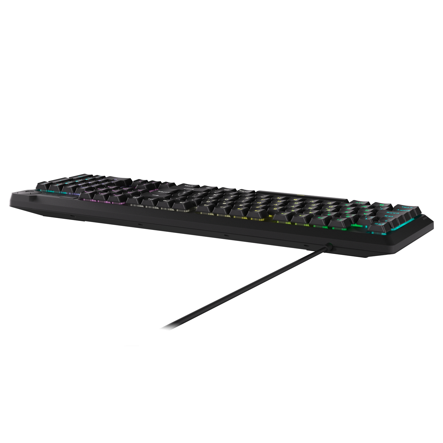 Zwart toetsenbord van opzij, met een zwarte kabel die ervan uitsteekt.