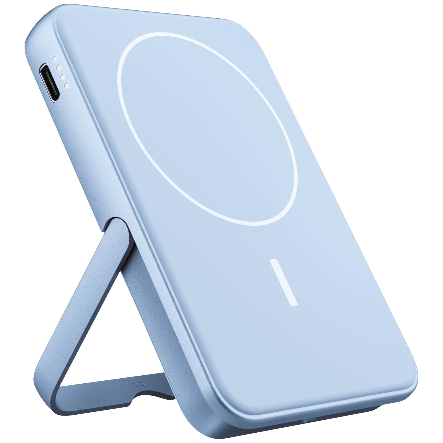 A light blue wireless charger with a stand. It has a white circular design and a white line. The charger is on a white background.