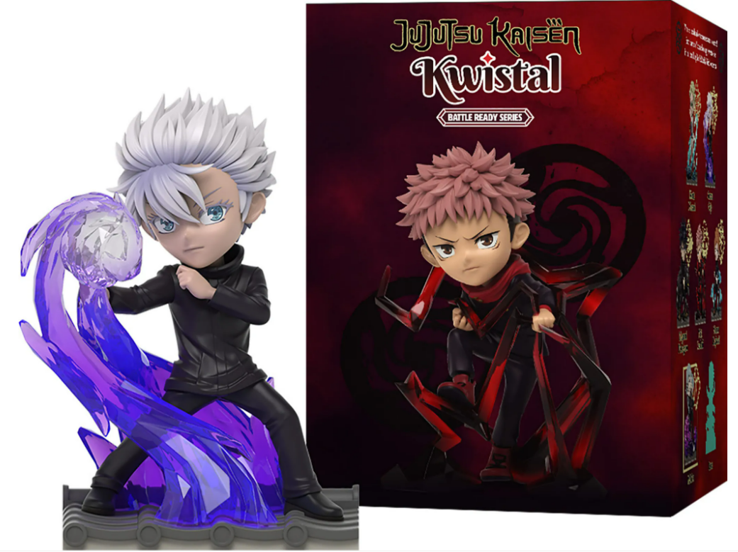 Zwei Anime-Figuren, eine mit lila Energie. Die Box ist rot und hat ein Bild.