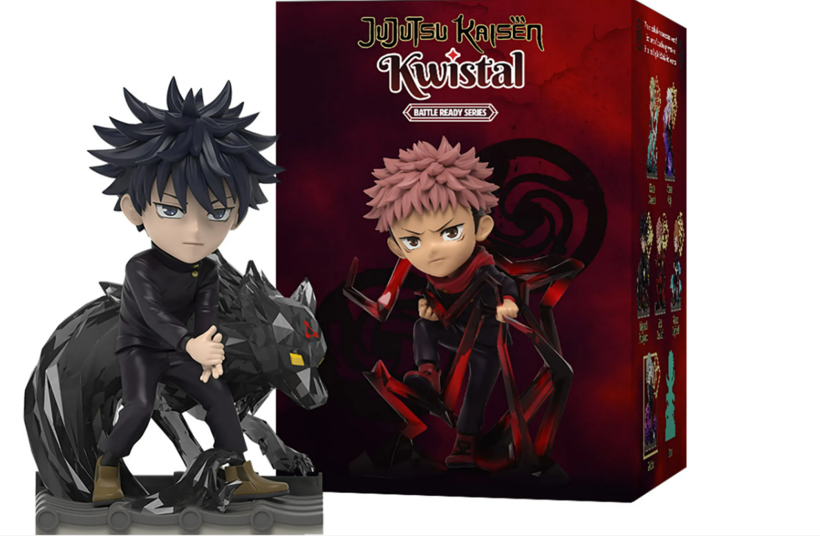 Anime-Figuren von Charakteren, einer auf einem Wolf und der andere auf einer roten Struktur, und eine Box.