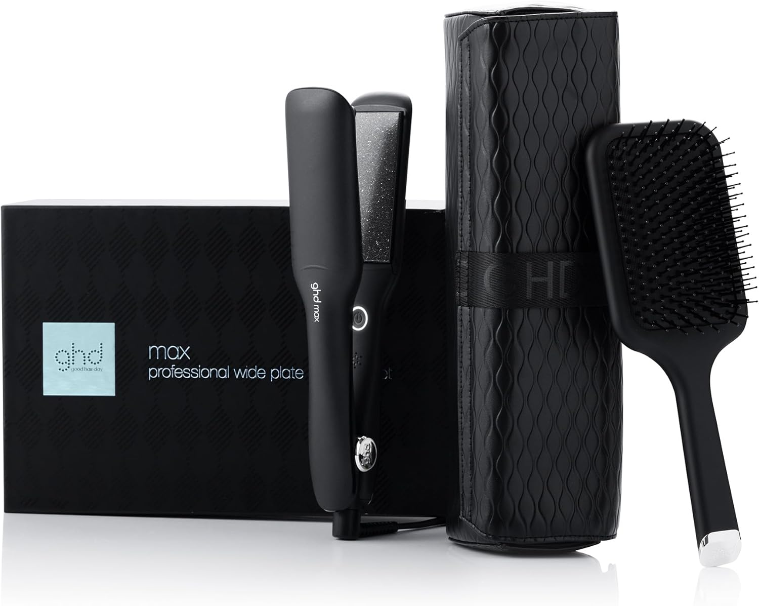 Plancha de pelo ghd max negra, cepillo y estuche sobre fondo blanco.