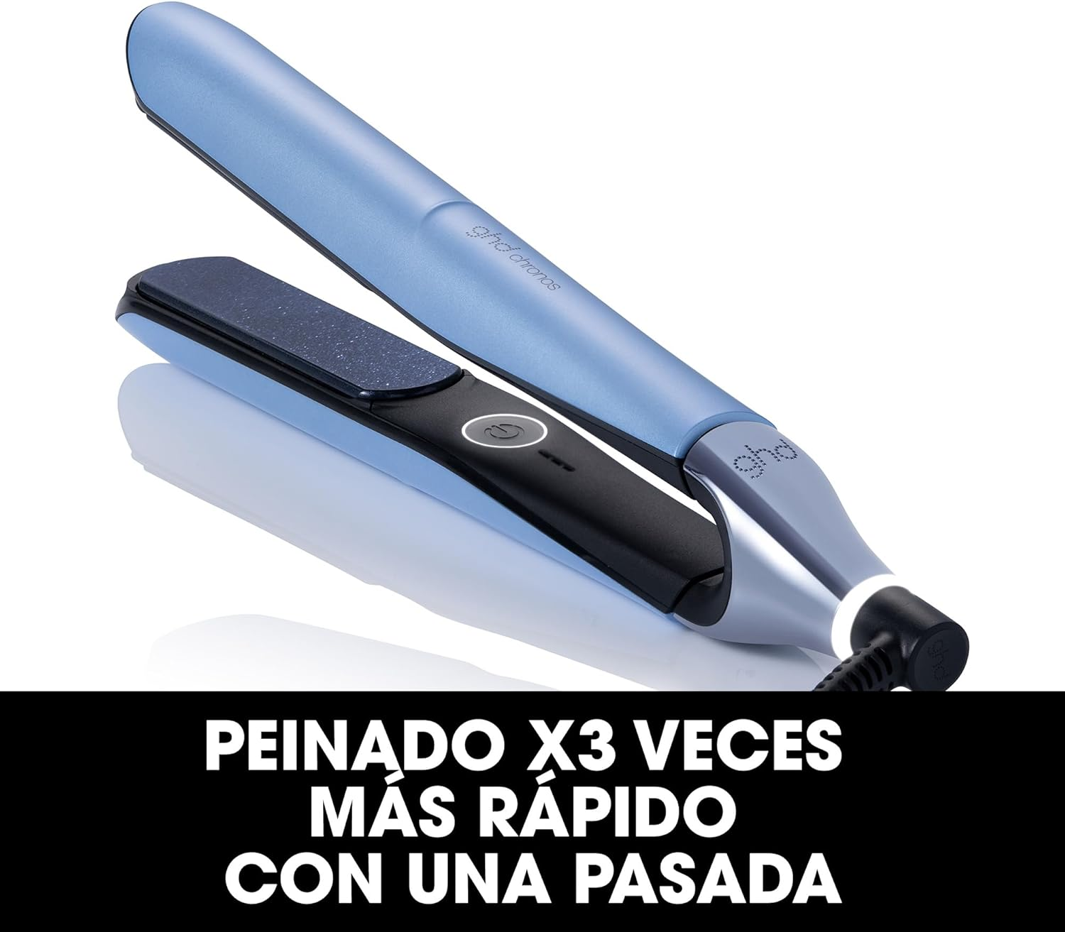 Plancha de pelo azul con el texto: PEINADO X3 VECES MÁS RÁPIDO CON UNA PASADA.