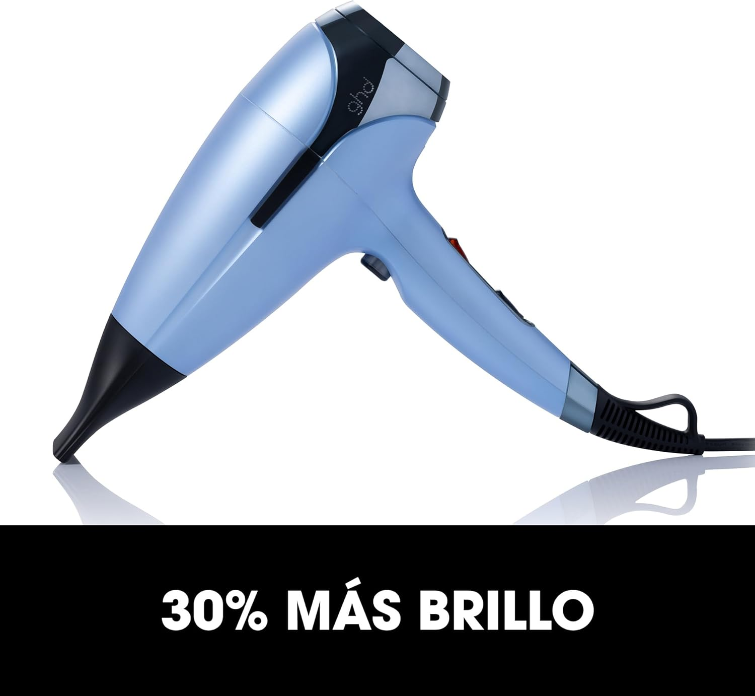 Secador de pelo azul. Mango y boquilla negros. Texto inferior: '30% más brillo'.