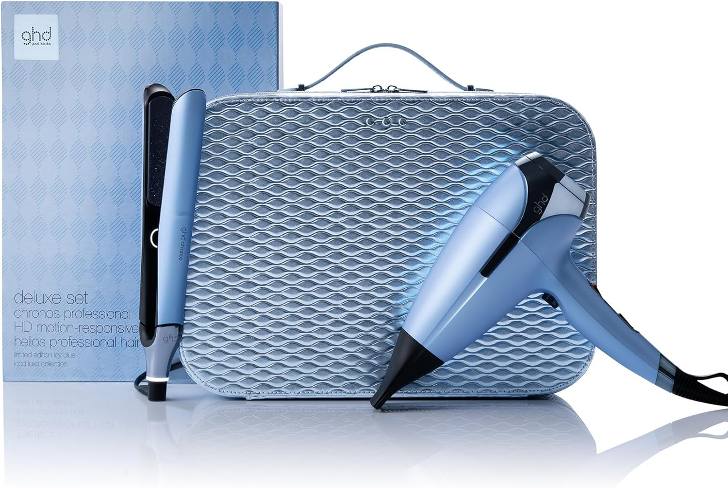 Set de peinado azul con plancha, secador y estuche. El embalaje también es azul.