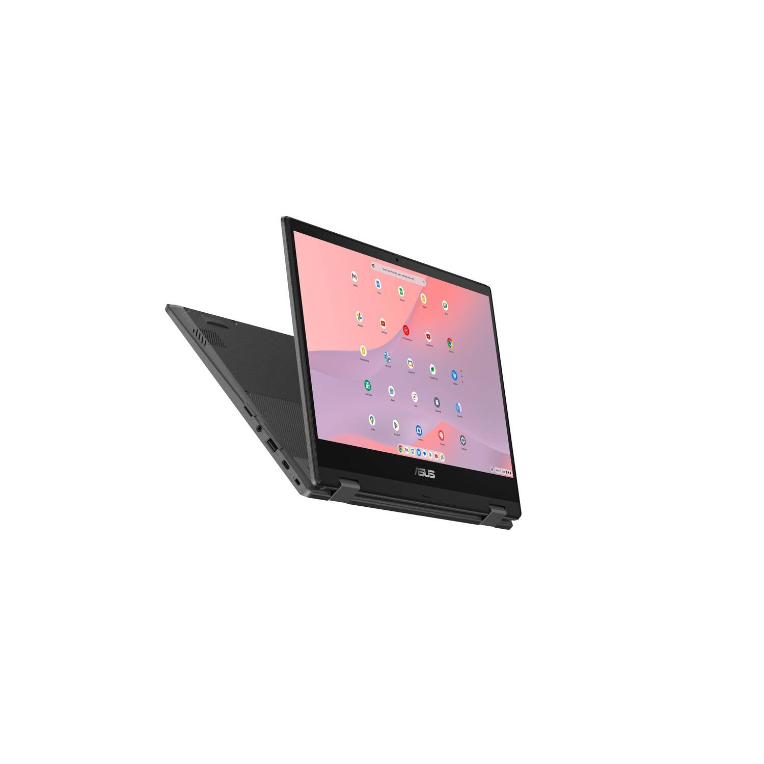 Zwarte laptop in hoek, toont scherm met app-iconen en het ASUS-logo.