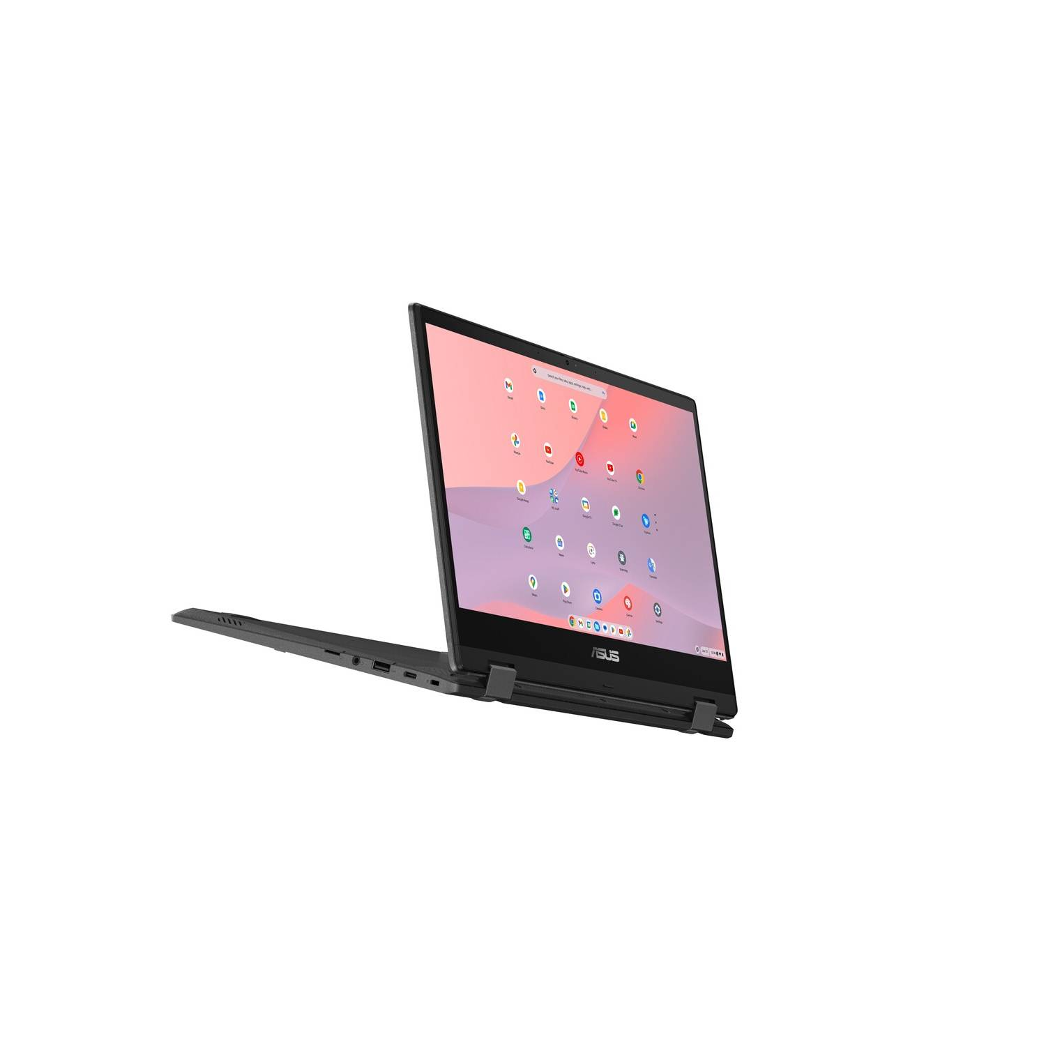 Laptop met open scherm, naar links gekanteld. Toont een website met roze achtergrond.