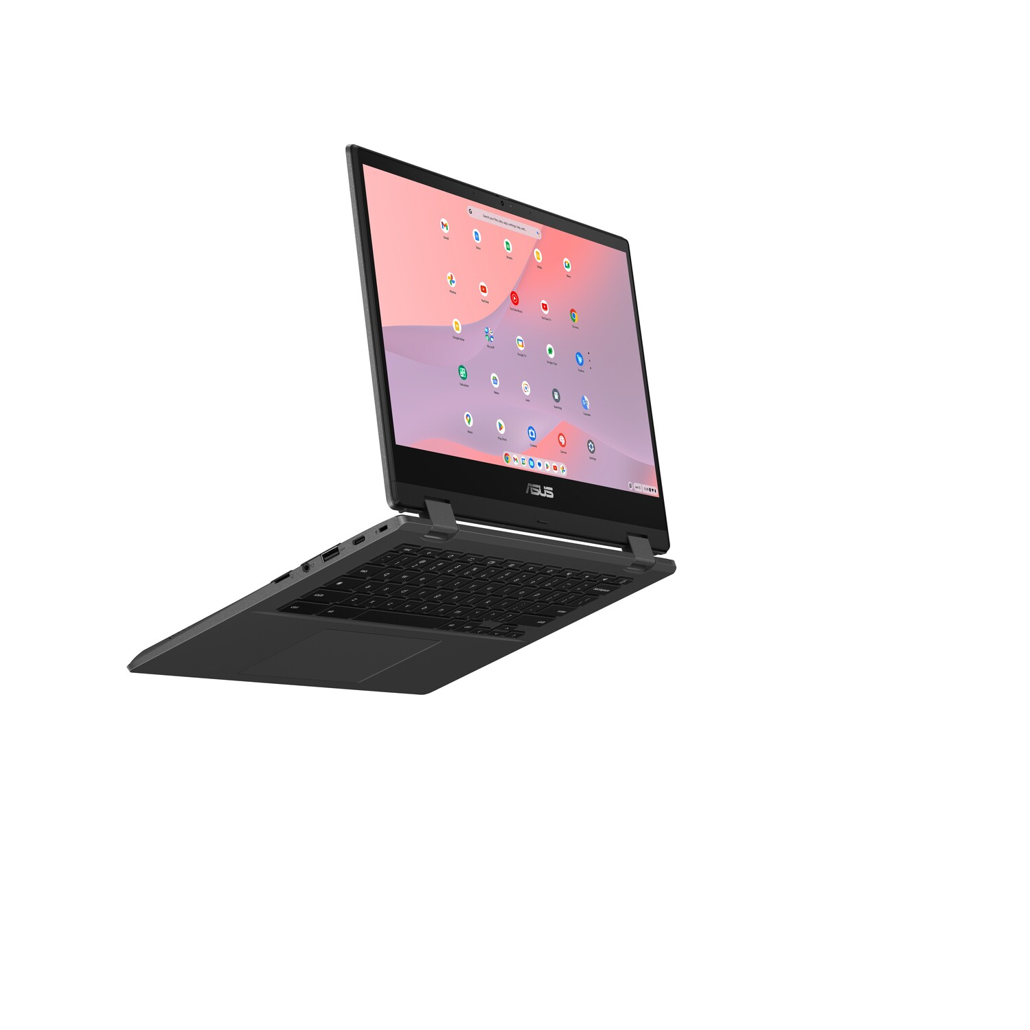 Zwarte Asus Chromebook-laptop open op witte achtergrond.