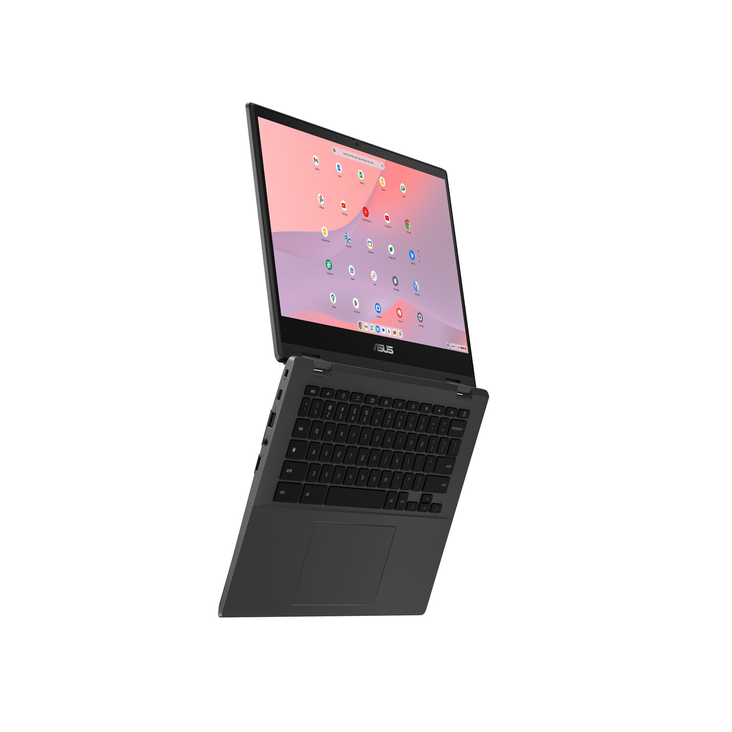 Een zwarte ASUS-laptop, gedeeltelijk open, met app-iconen op het scherm. Witte achtergrond.