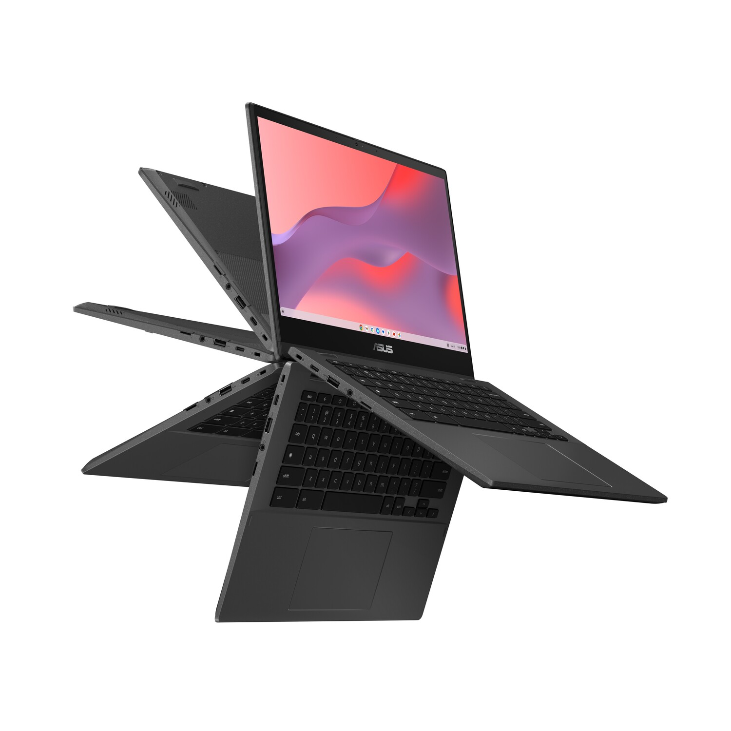 Grijze laptop met meerdere schermen open, met toetsenbord, scherm en een witte achtergrond.
