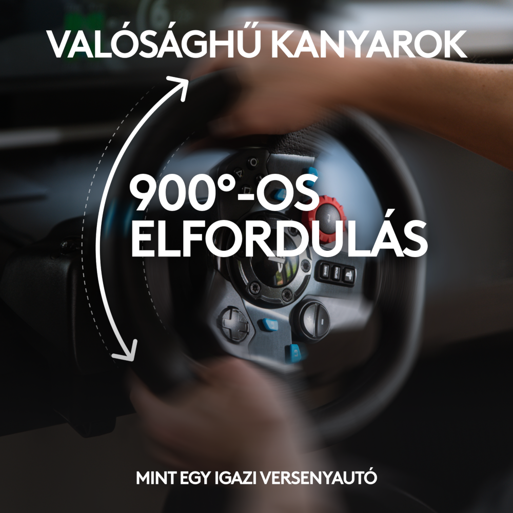 Kormánykerék fordul, 900 fokos elfordulás nyilakkal jelölve. Versenyautó koncepció.