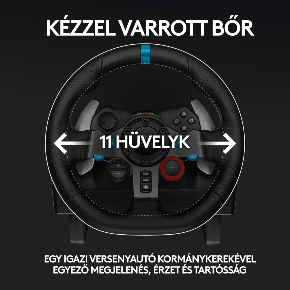 Közeli kép egy versenykormányról, a felirattal: 'Kézzel varrott bőr'.
