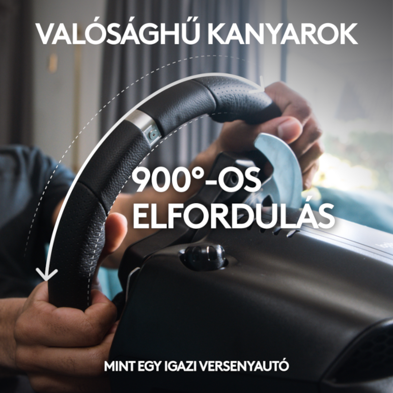 Egy személy egy versenykormányt tart, a felirat: '900° ELFORDULAS'.