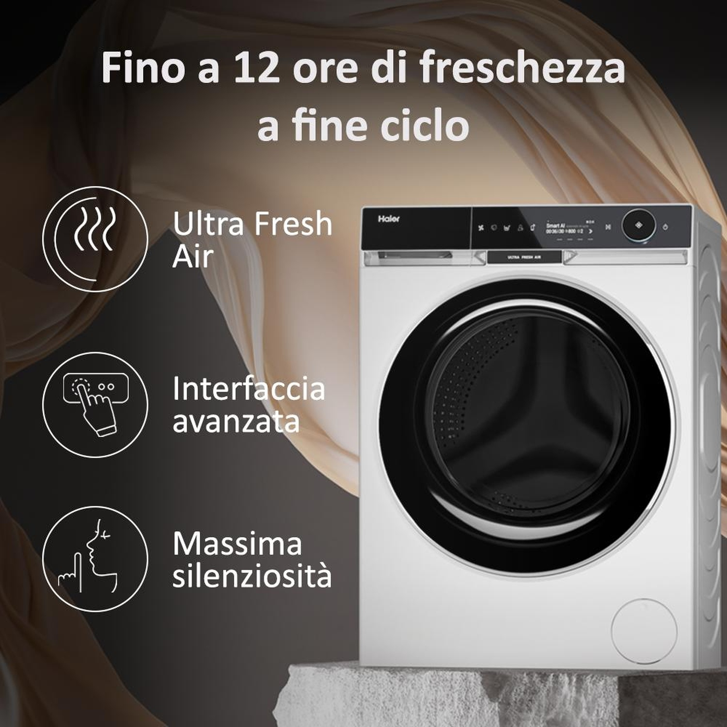 Una lavatrice Haier bianca con porta nera. Testo e icone descrivono le sue caratteristiche.