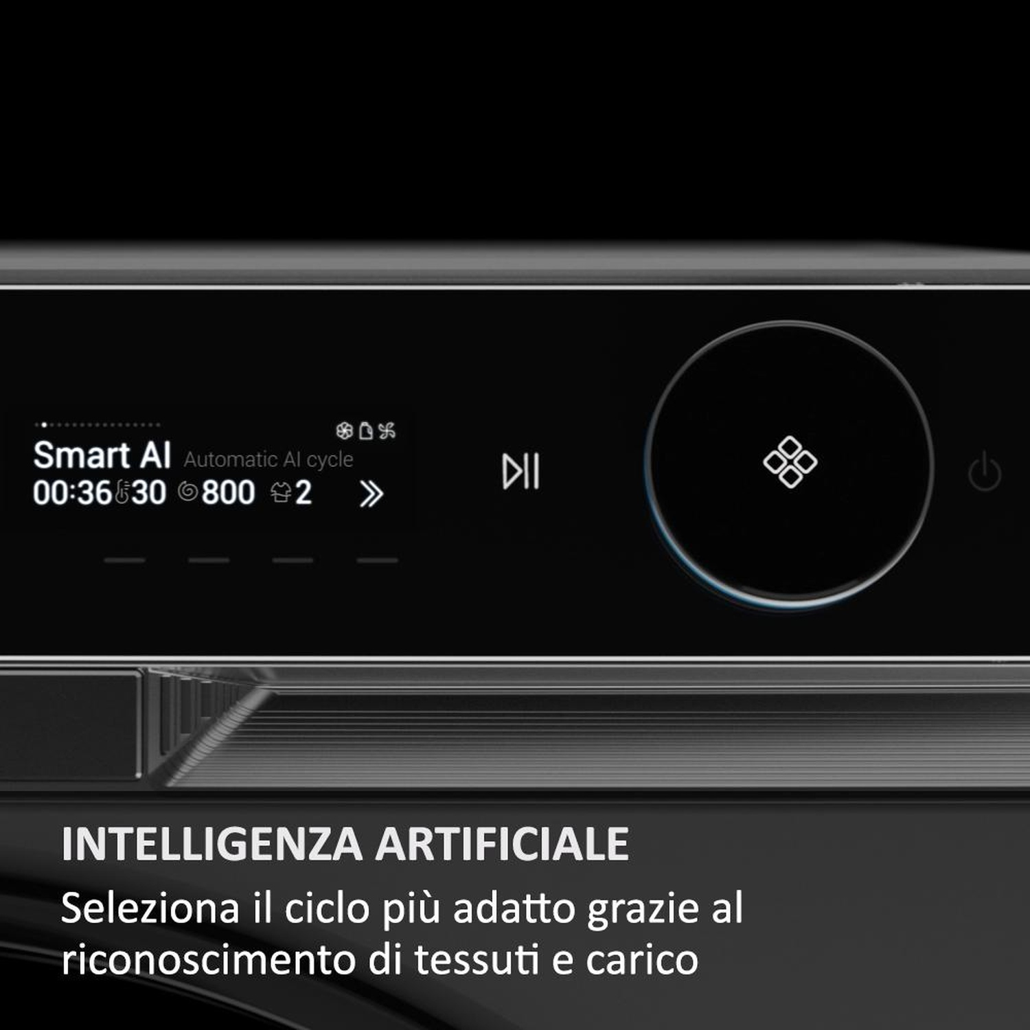 Primo piano del pannello di controllo di una lavatrice con display digitale che mostra impostazioni e funzioni AI.