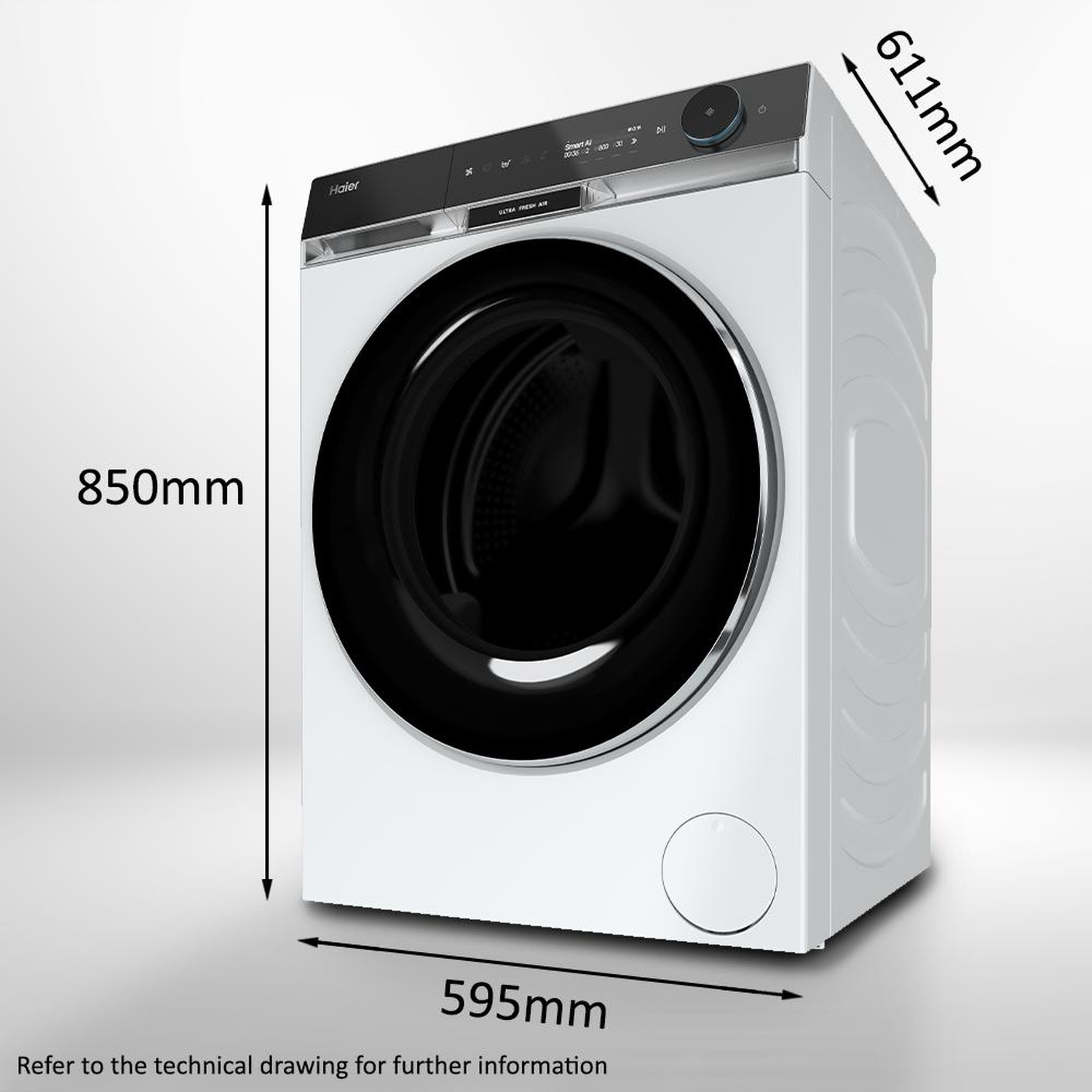 Lavatrice bianca con porta nera, dimensioni: 850mm altezza, 595mm larghezza, 611mm profondità.