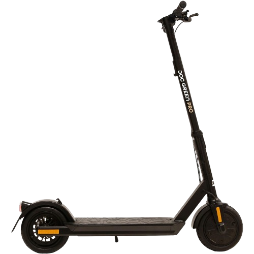 Schwarzer Doc Green Pro Elektroroller auf schwarzem Hintergrund.