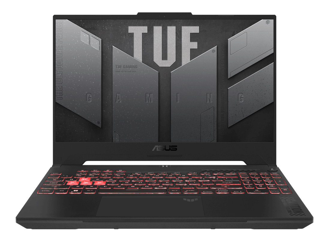 Czarny laptop z czerwonym podświetleniem klawiatury. Ekran wyświetla logo gamingowe. Otwarty na stole.