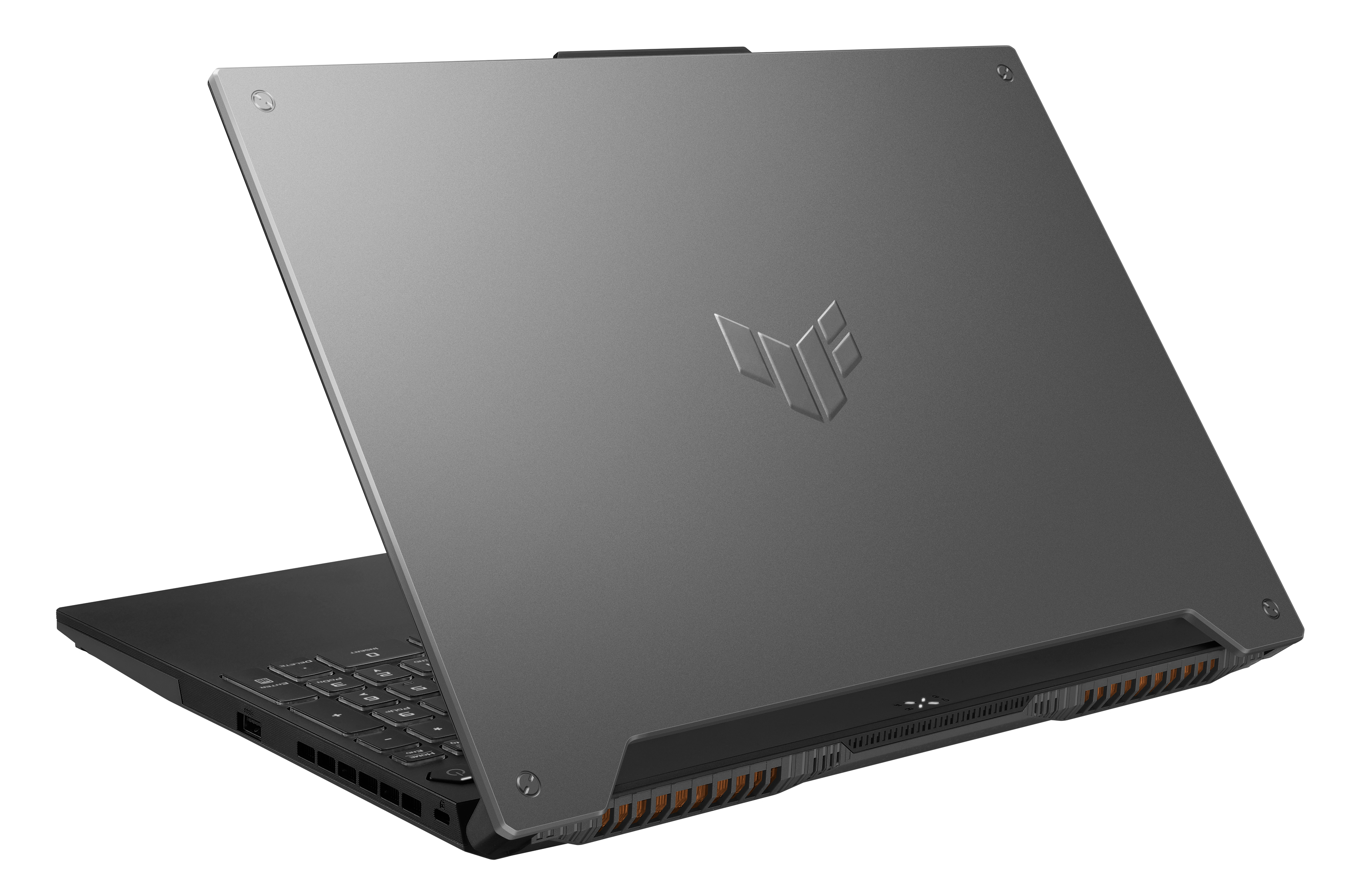 Srebrny i czarny laptop jest lekko otwarty. Logo Asus znajduje się na środku pokrywy.