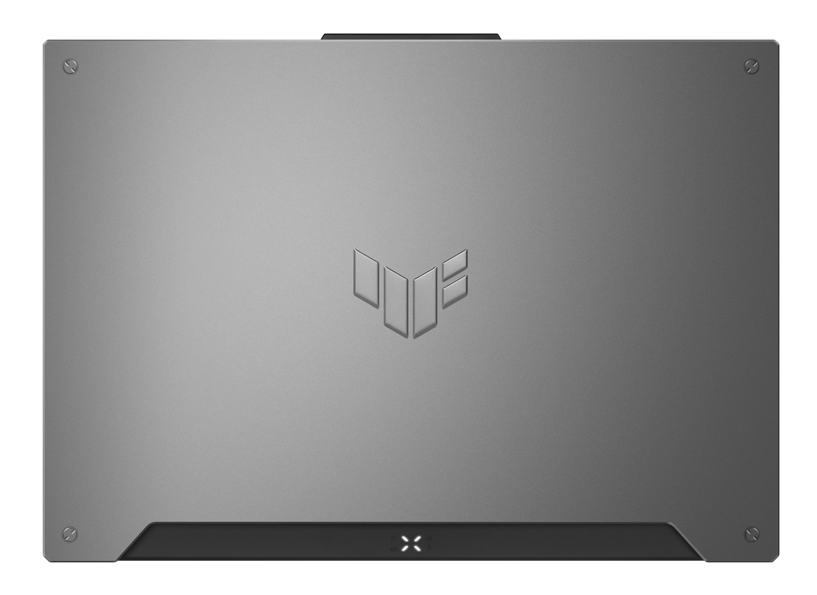 Srebrny tył laptopa z logo i śrubami.