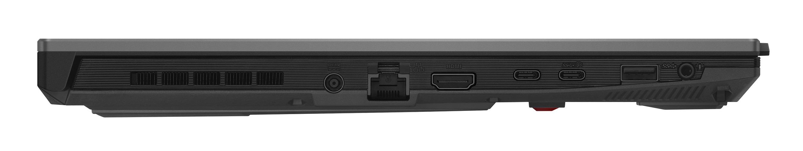 Widok od spodu czarnego laptopa. Widoczne porty i otwory wentylacyjne.