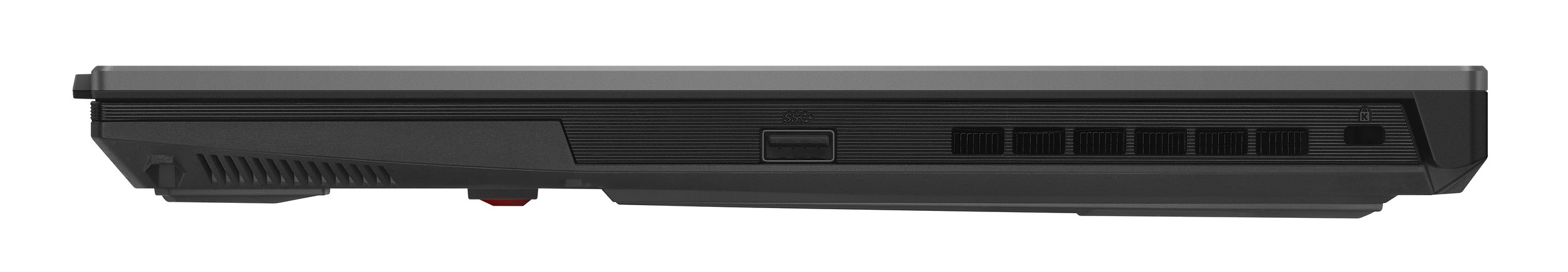 Widok z boku czarnego laptopa, pokazujący porty i otwory wentylacyjne wzdłuż boku.