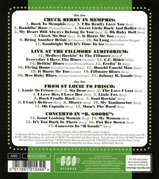 Rückseite einer CD mit grün-weißem Design, Trackliste und Bandfoto.