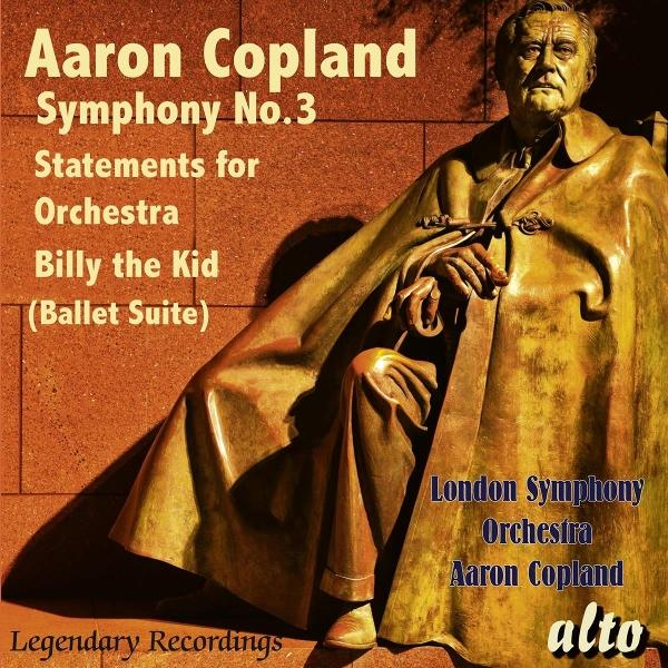 Albumcover mit einer Statue, Text für Aaron Copland und das London Symphony Orchestra und einem goldenen Umhang.