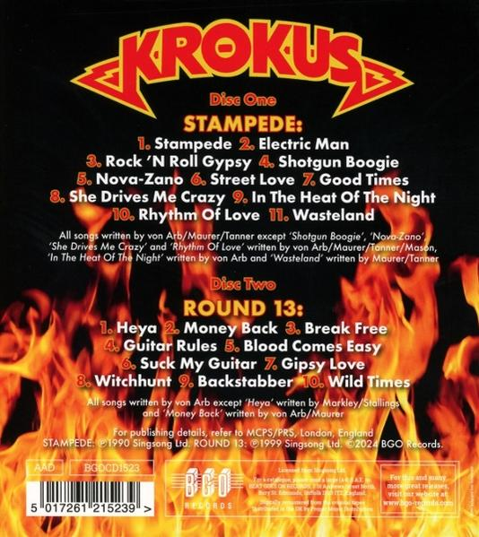 Krokus-Albumcover. Titel: Stampede. Disc One und Two Titellisten mit feurigem Hintergrund.