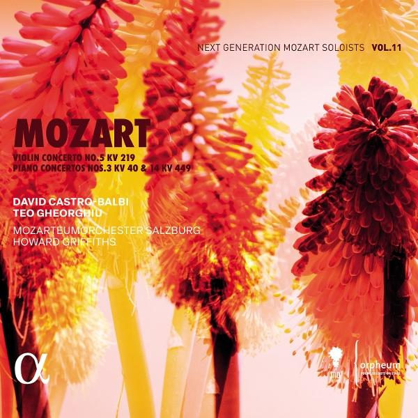 Albumcover: Mozart. Rote und gelbe Blumen mit Noten. David Castro Balbi, Teo Gheorghiu.