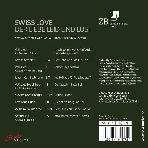 Ein CD-Cover mit deutschem Text über Schweizer Liebe und Leid. Mit Barcode und Logo.