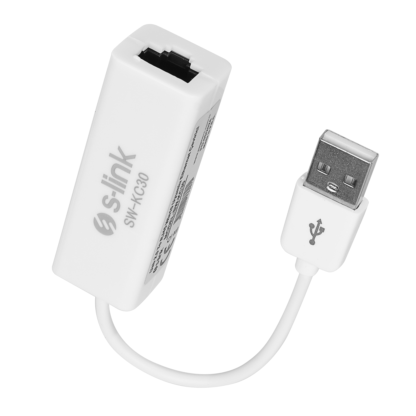 Beyaz USB - Ethernet adaptörü. USB bağlı.