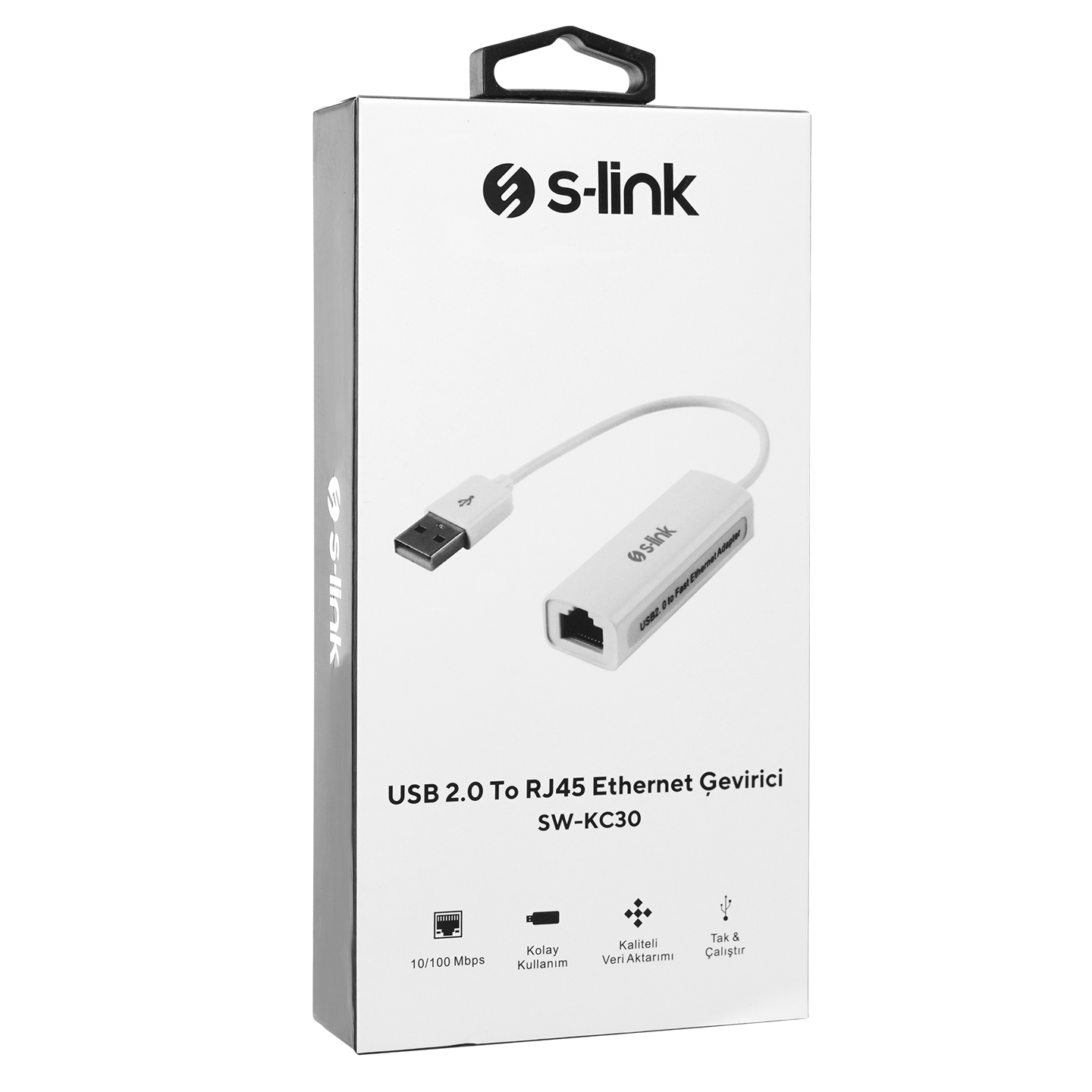 İçinde USB - RJ45 Ethernet adaptörü ve önünde simgeler bulunan beyaz ve siyah s-link kutusu.