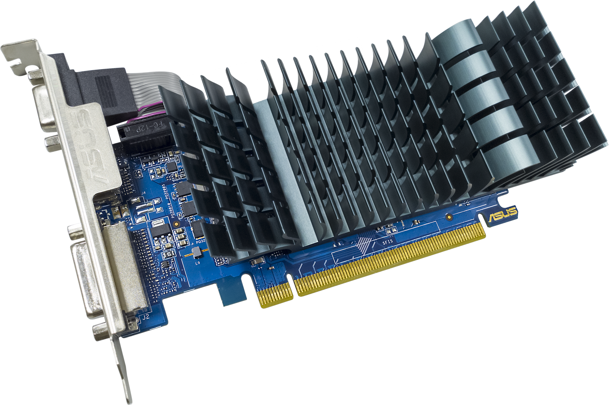 Eine ASUS-Grafikkarte wird gezeigt. Sie hat eine blaue Leiterplatte, schwarze Kühlrippen und verschiedene Anschlüsse. Der Hintergrund ist weiß.