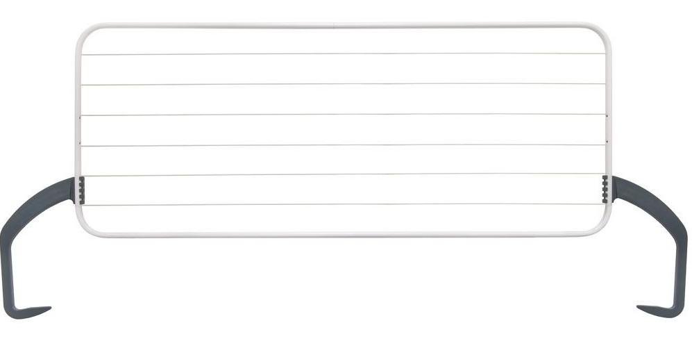 Biała suszarka do ubrań z szarymi wspornikami.