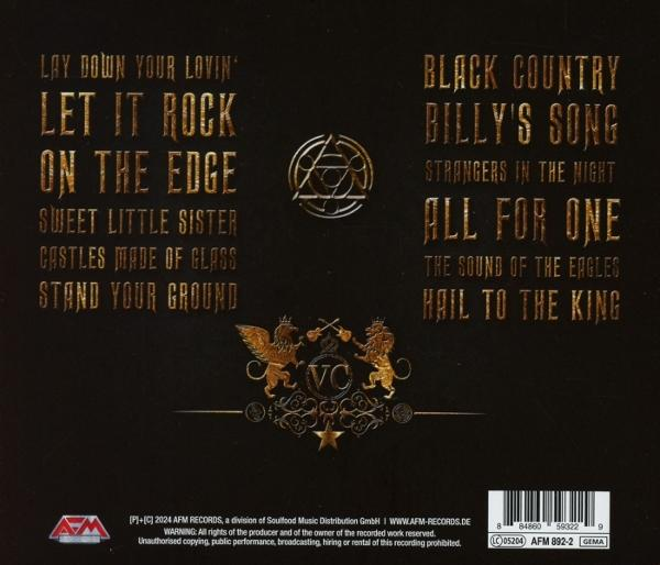 Albumcover mit Titelliste und Logos auf schwarzem Hintergrund.